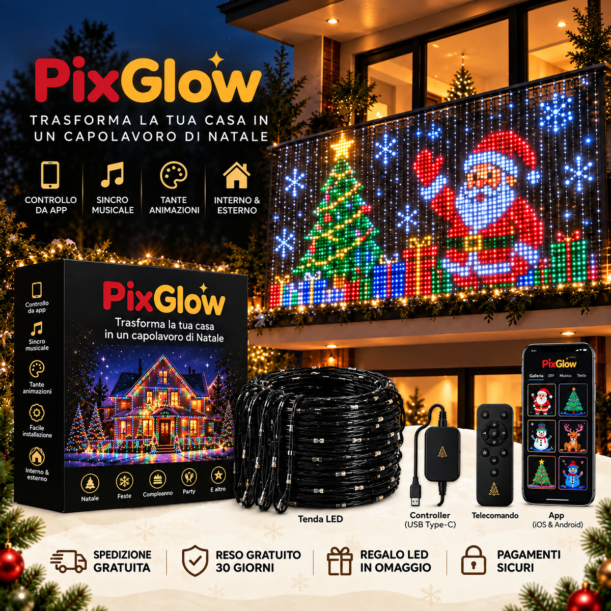 PixGlow – Tenda LED Animata per Balcone con App
