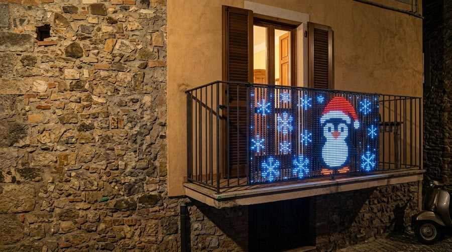 Balcone in pietra con pupazzo di neve e fiocchi di neve animati.