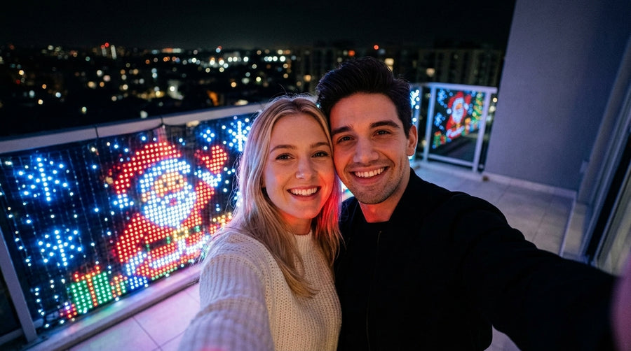 Babbo Natale gigante sul balcone, con la città illuminata sullo sfondo.
